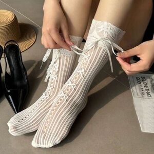 2 Pairs Lolita Style Lace Trim Knee High Socks With Bow For Women, Spring Summer